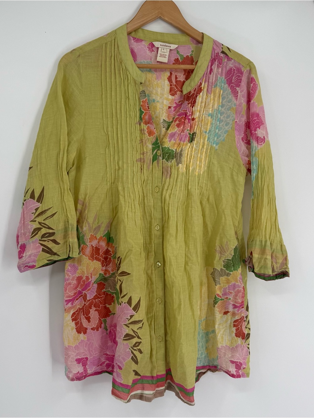 Sundance Floral Top Green Lightweight Pleated Boho Tropical Beach Tunic Size L - Picture 11 of 11